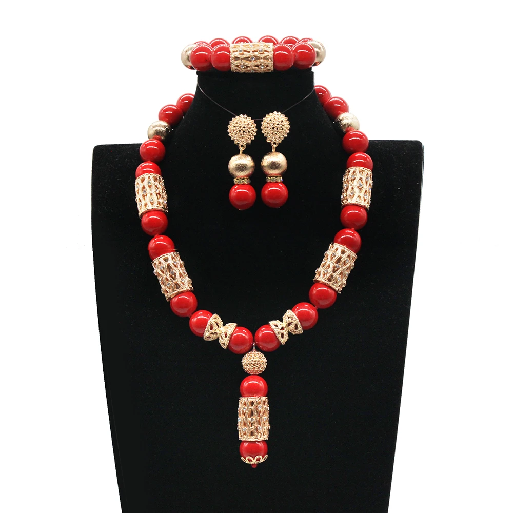 Trendy Stone Bridal Jewelry Set Splendid Red African Beads Jewelry Set Red and Gold Beaded Pendant Statement Necklace Set ABG25