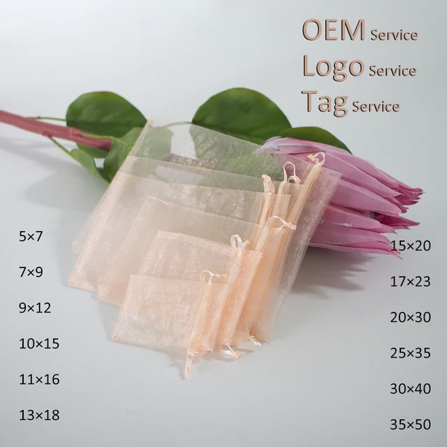2020 brzoskwinia kolor jedwabiu torba z organzy 100 sztuk 5X7 7X9 9X12 10X15 prezent torba pokrowiec z organzy do wyświetlania ozdoba do torby może LOGO na zamówienie