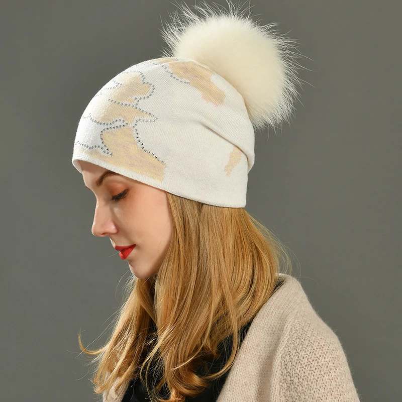 Jxwatcher Wool Beanies Hat Women Real Raccoon Fur Pom Pom Hats Girls Female Wool Knitted Beanie Warm Winter Hats with Rhinestone