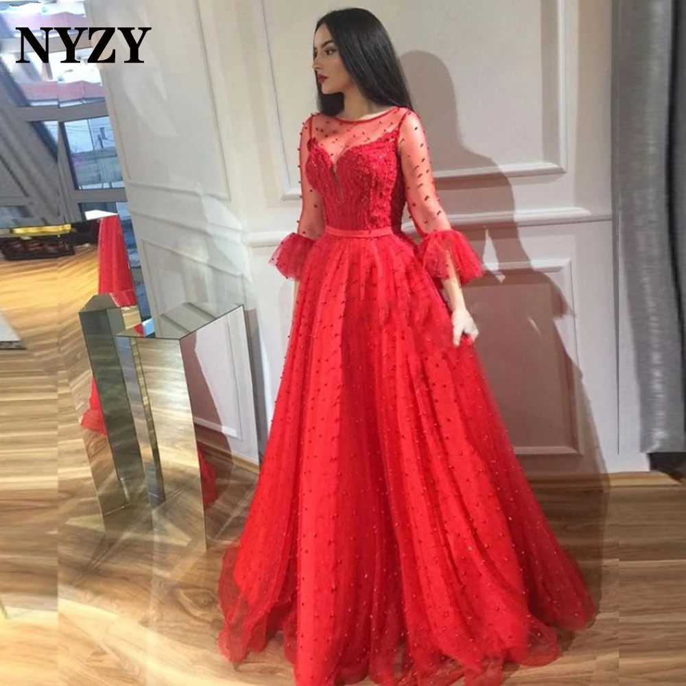 

E394 NYZY Africa Arabic Pearls Tulle 3/4 Sleeves Red Evening Dresses 2021 Long Wedding Party Dress Prom Gown