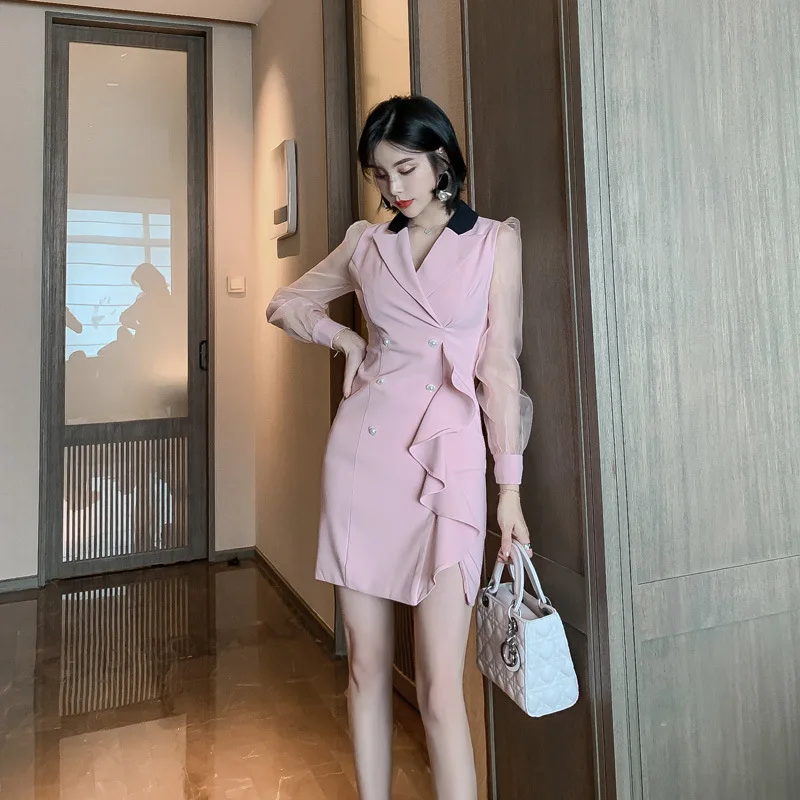 

2020 Women Long Sleeve V Neck Mini Pink Dress Women Bandage Bodycon Elegant Dresses Autumn Sexy Party Ruffles Wrap Dress Ladies