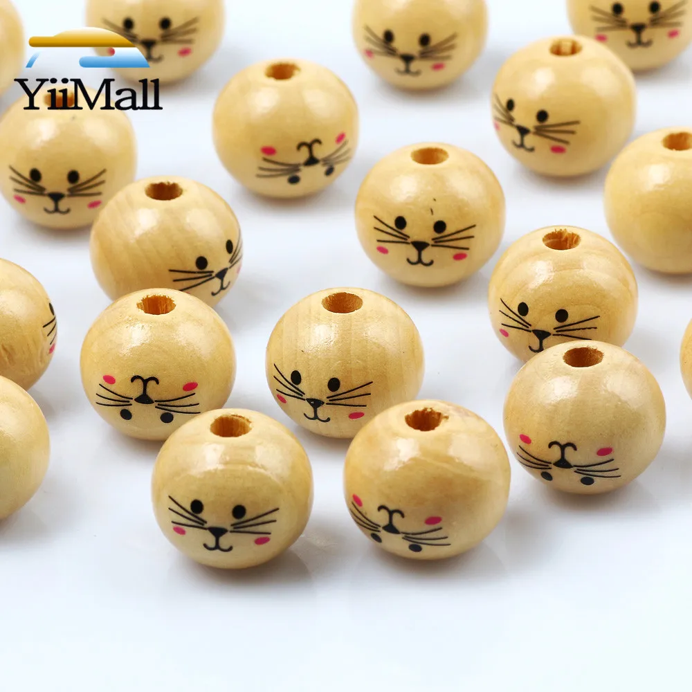 3-10Pcs 20/30mm Cute Cat Natural Wooden Beads Round Spacer Loose Beads For Jewelry Making Handmade Diy Necklace Bracelet