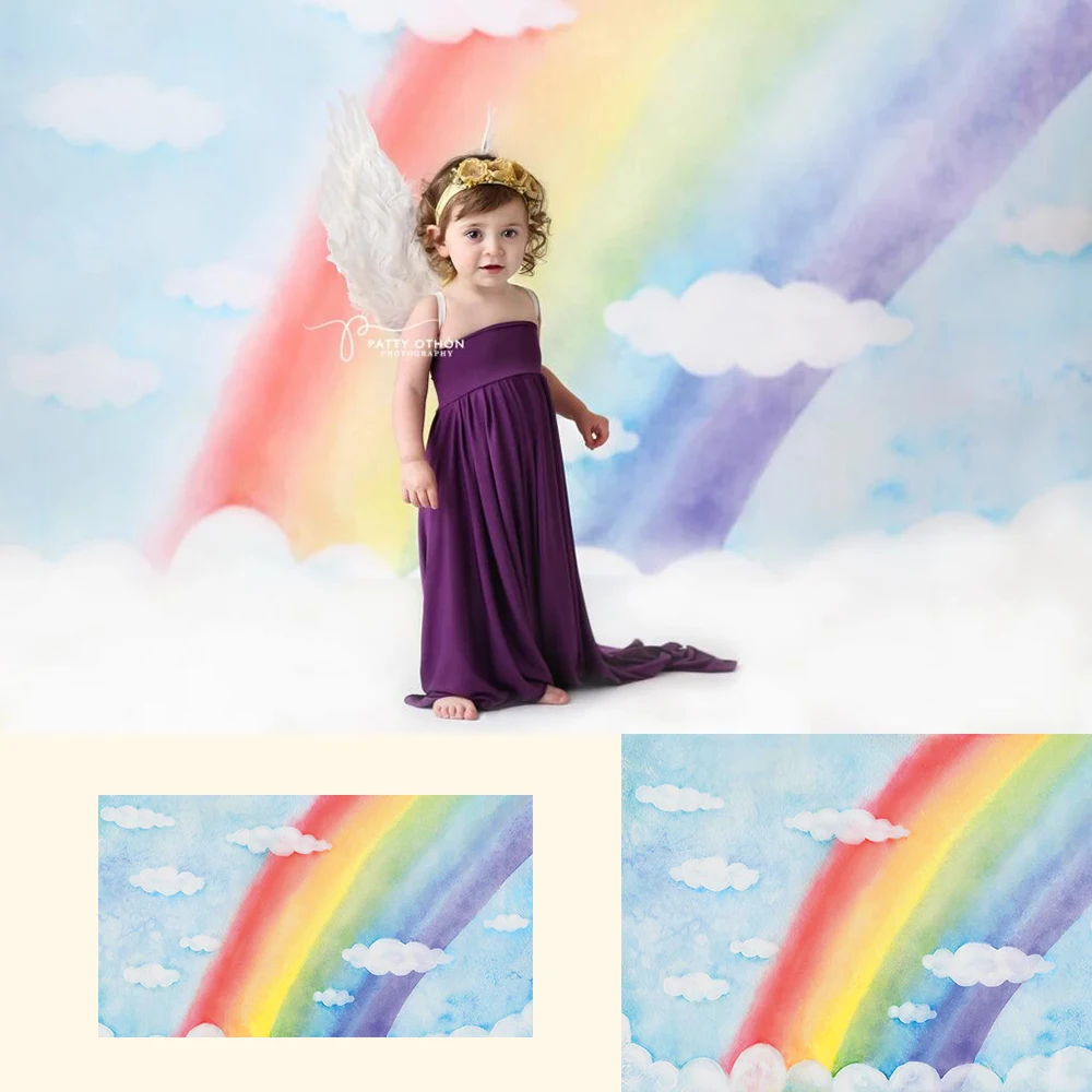 

Rainbow white cloud newborn kids portrait photo shoot background for flower photophone watercolor backdrop for photography prop