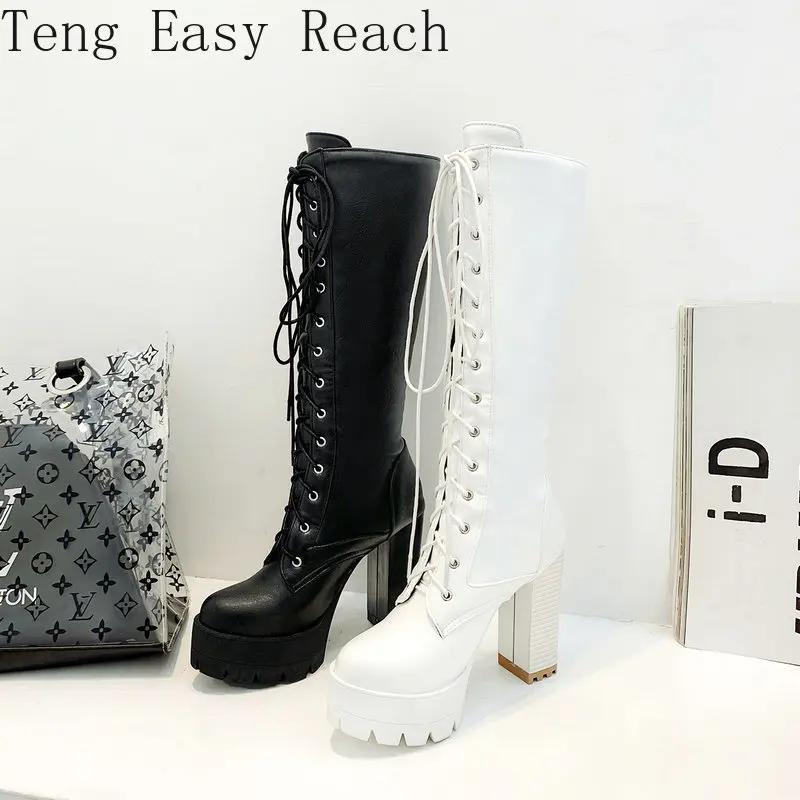 Fashion Platform Lacing Knee High Boots Women Square High Heel Motorcycle Boots Woman Pu Leather Shoes Autumn Winter Ladies Shoe