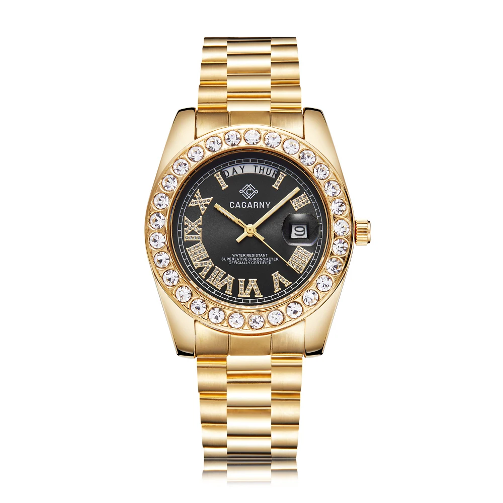 Reloj de pulsera de acero inoxidable para hombre, cronógrafo de cuarzo con diamantes grandes dorados, con fecha y estilo ejecutivo