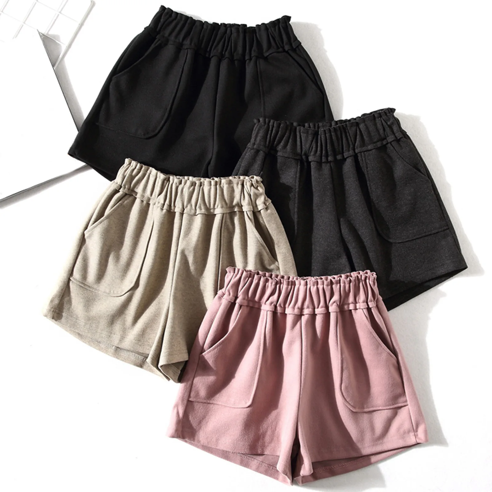 Women Shorts Autumn And Winter High Waist Shorts Solid Casual Loose Thick Warm Elastic Waist Straight Booty Shorts Pockets