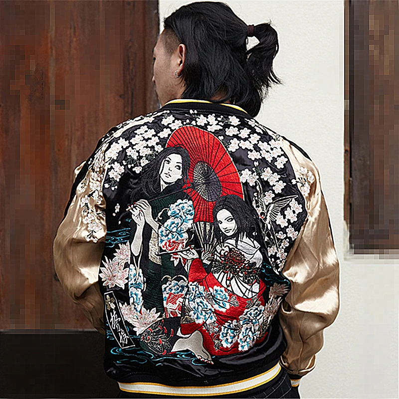 Yokosuka chrysanthemum Sakura Cherry blossoms Japan Style geisha girl Embroidered Jackets Coats Loose Reversible Plus Size New