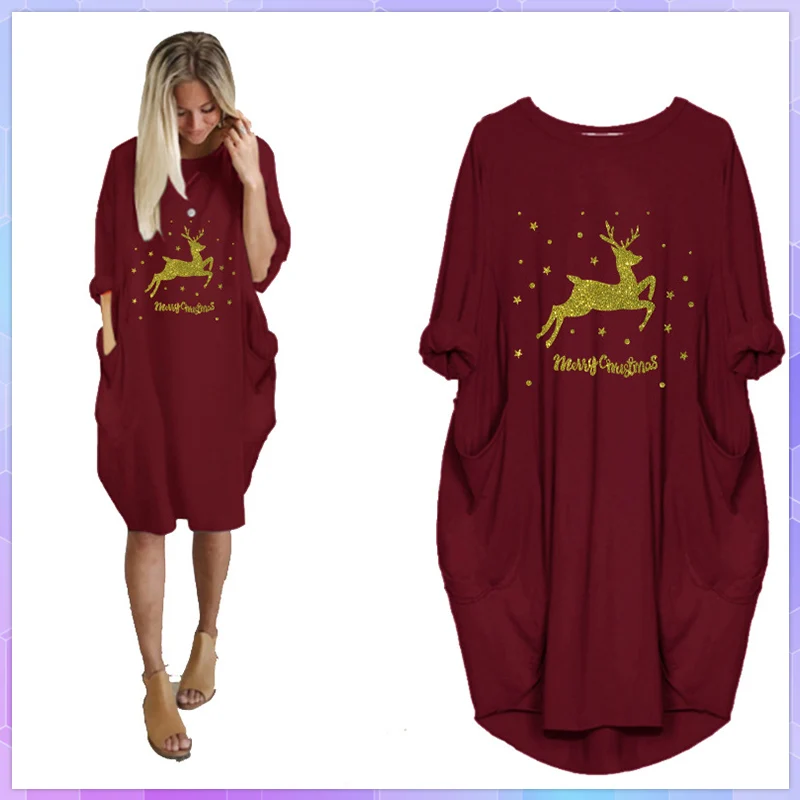 Ladies Christmas Sequin Antlers Dress Round Neck Dresses Women's Long Pocket Loose Vintage Harajuku Vestidos S-5XL