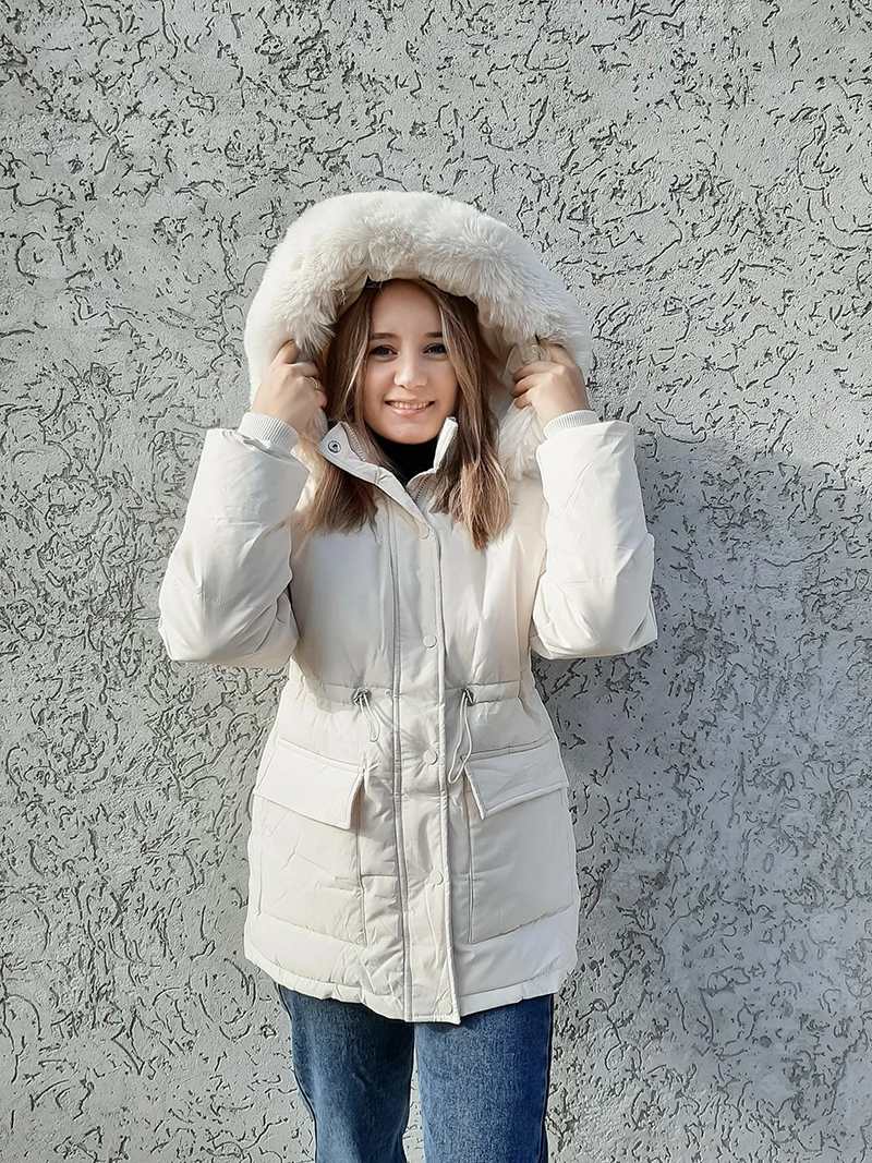 HWL 2024 Cotton Padded Fur Parka New Big Fur Collar Down Winter Jacket Women Thick Warm Parkas Female Outerwear