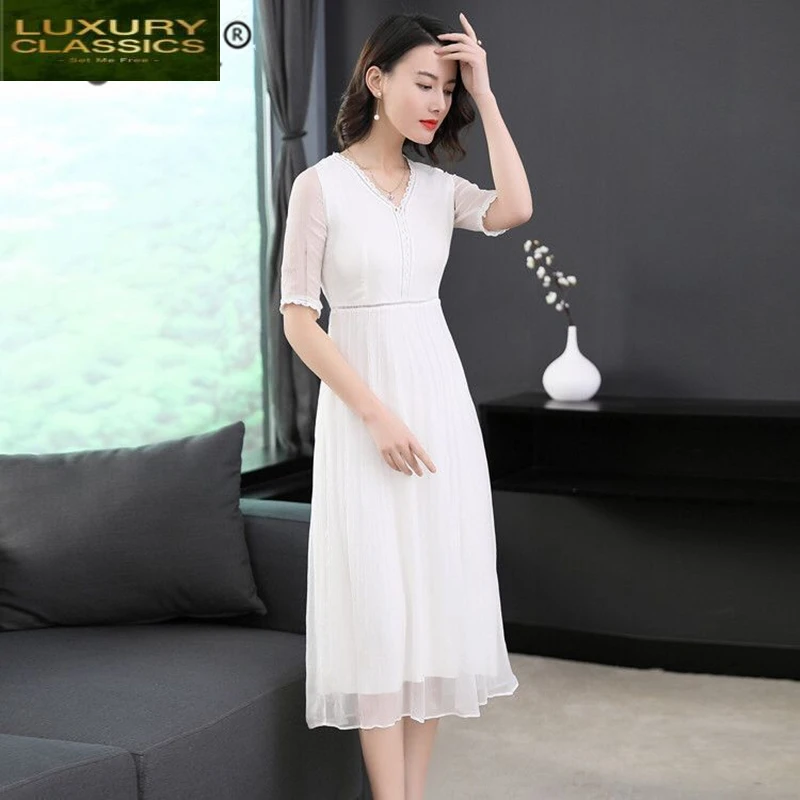 

Silk Summer 100% Real Dress Women Clothes 2021 Elegant Ladies Long V Neck Vestidos Korean Vintage White Party Dress 18003