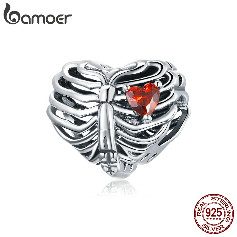 bamoer 925 Sterling Silver  Beating Heart Beads Bids Red Heart Charm fit for Original Bracelet  Bangle Making DIY  SCC1764