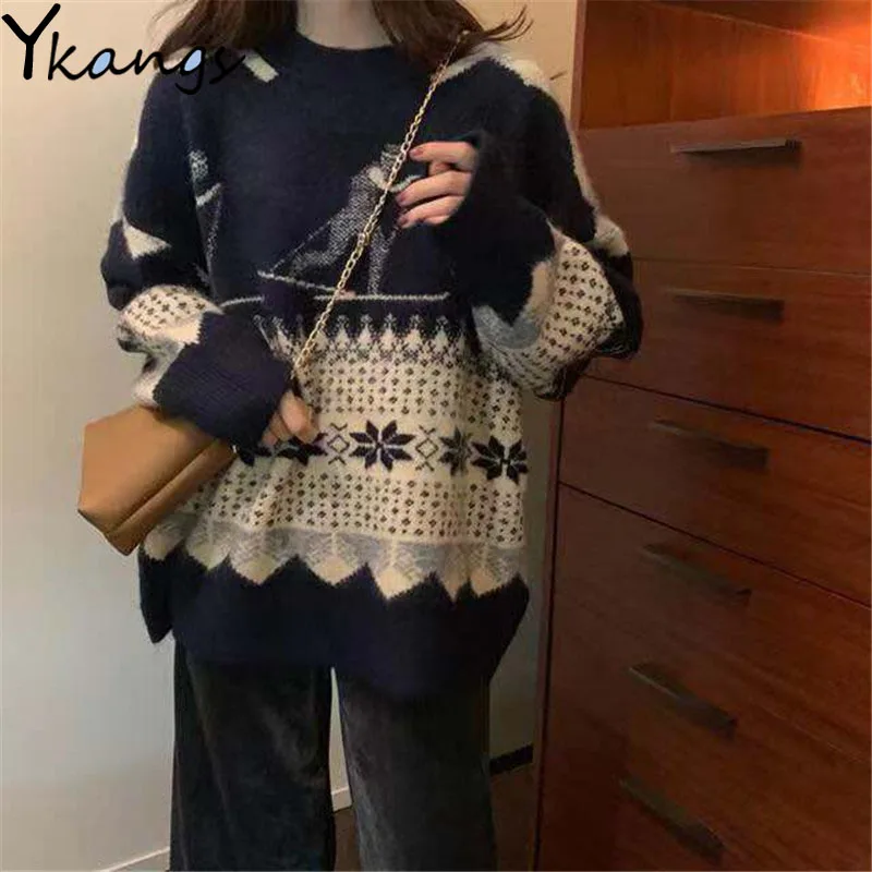 Winter Warm Christmas Sweater Jacquard Pullover Women Autumn 2020 Sweet Long Sleeve Pullovers Tops Loose Casual Oversize Coats