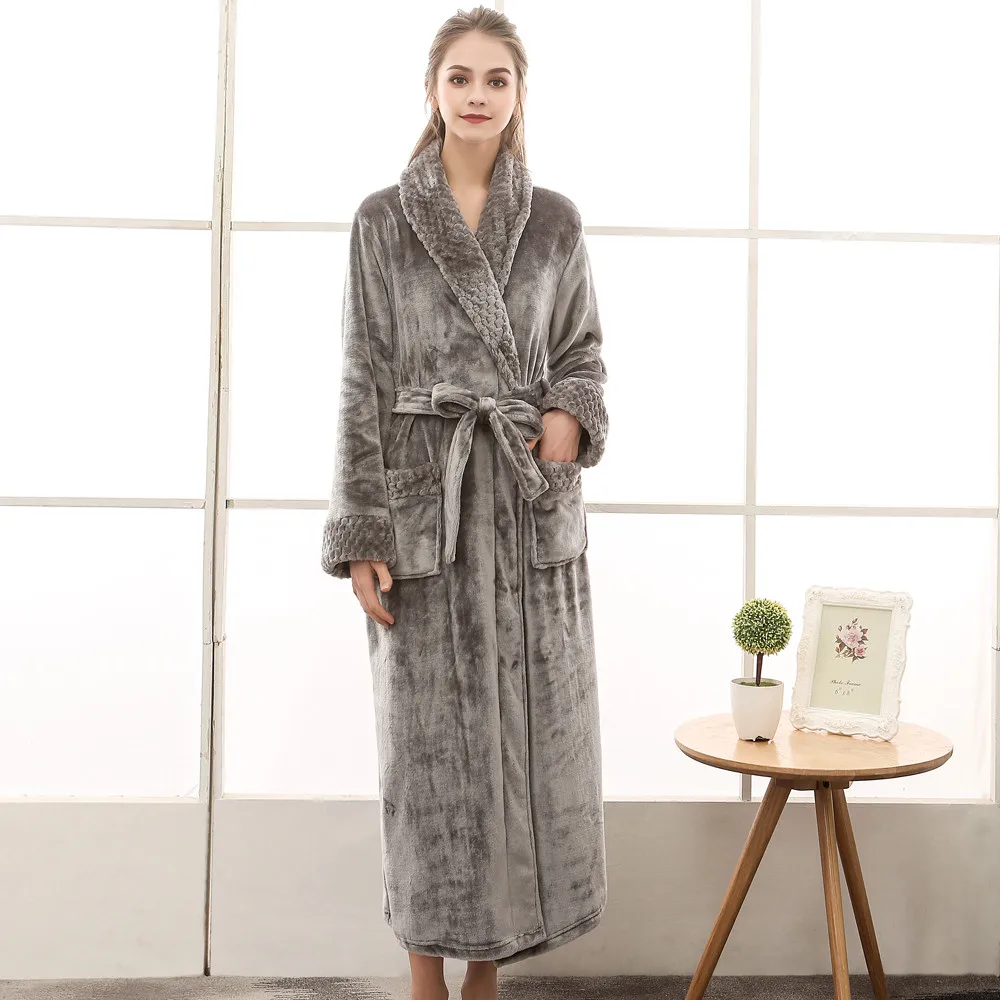 Night Dress Women Bathrobe Flannel Robe Women\'s Winter Lengthened Coralline Plush Shawl Bathrobe Long Sleeved Warm Bath Robe Men