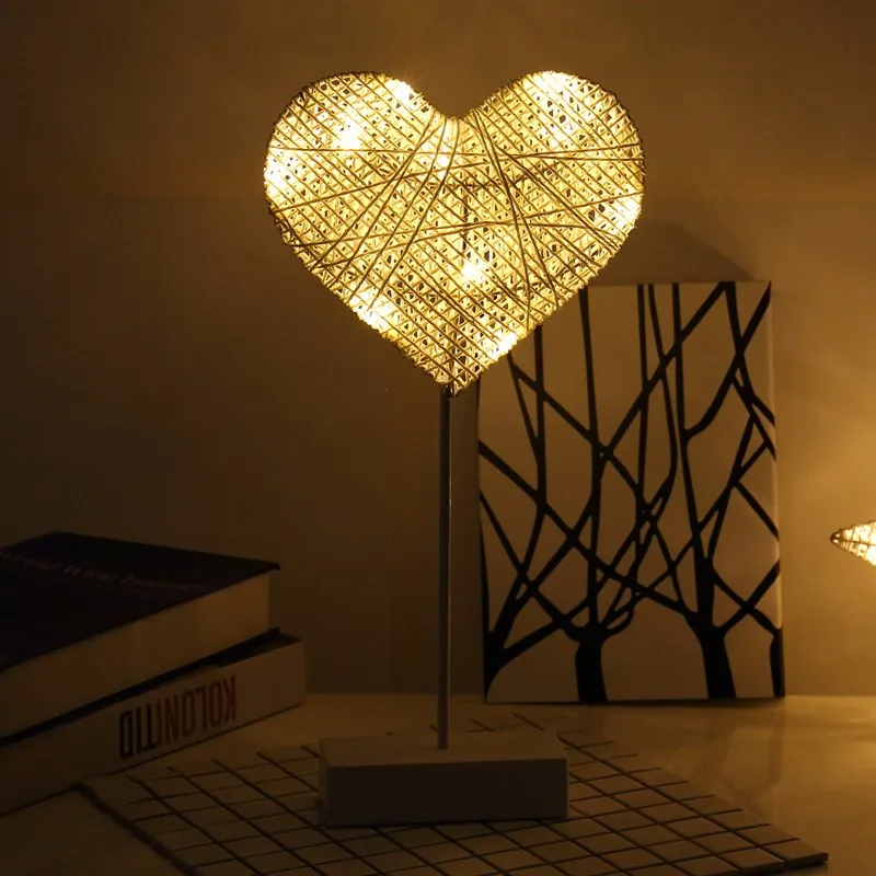 LED Rattan Table Lamp DIY Moon Star Heart Beautiful Night Light Bedside for Christmas Festival Wedding Party Home Decoration