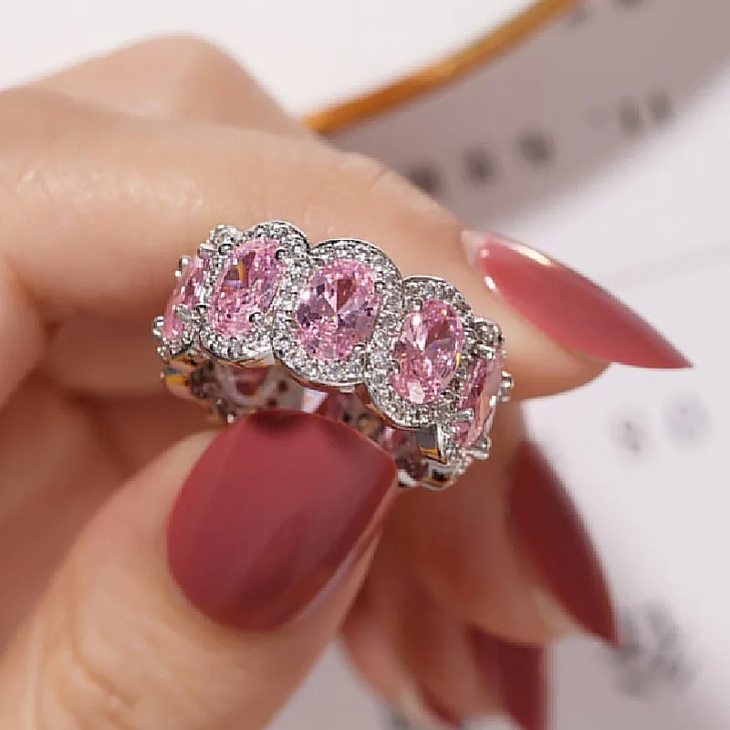 BRAND 925 SILVER PAVE Cushion cut pink stone BAND Ring for Women ETERNITY ENGAGEMENT WEDDING Rings finger Simulated Diamond