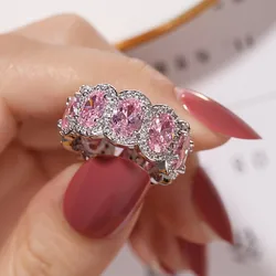 BRAND 925 SILVER PAVE Cushion cut pink stone BAND Ring for Women ETERNITY ENGAGEMENT WEDDING Rings finger Simulated Diamond