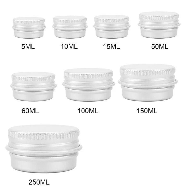 1pcs  Empty Silver Aluminum Tins Cans Portable Lightweight 5/10/15/50/60/100/150/250ML  Lip Balm Containers Refillable Bottles