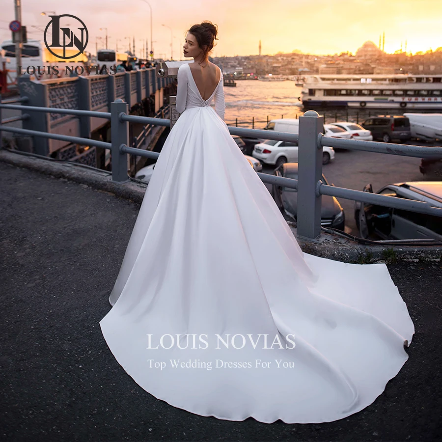 LOUIS NOVIAS Wedding Dresses For Women  Elegant Simple Scoop V-neck Long Sexy Sleeve Satin A-Line Weedding Gown Robe De Mariage