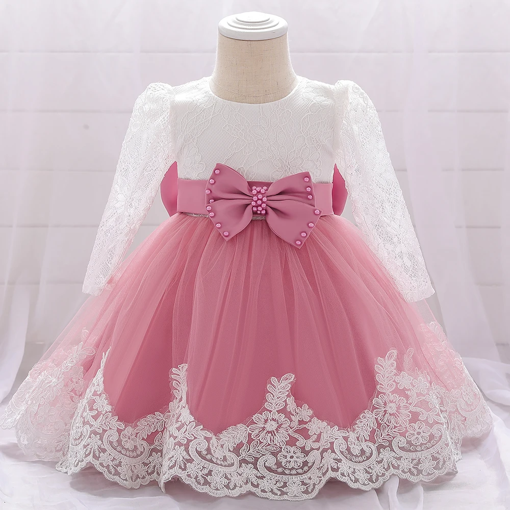 Infant Baby Girl Dress Bow Lace Long Sleeve 1st Birthday Baptism Dress for Girls Flower Party Wedding Dresses Baby Girl Clothes