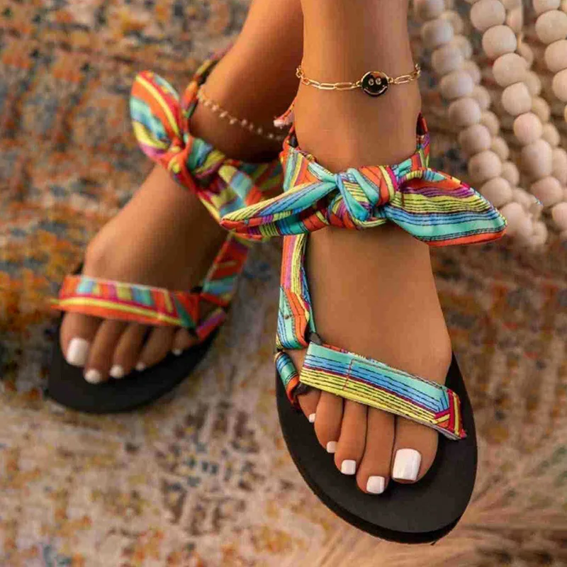 Sandalias de verano para Mujer, zapatos planos informales con cordones y lazo, a la moda, para playa y aire libre, 2021