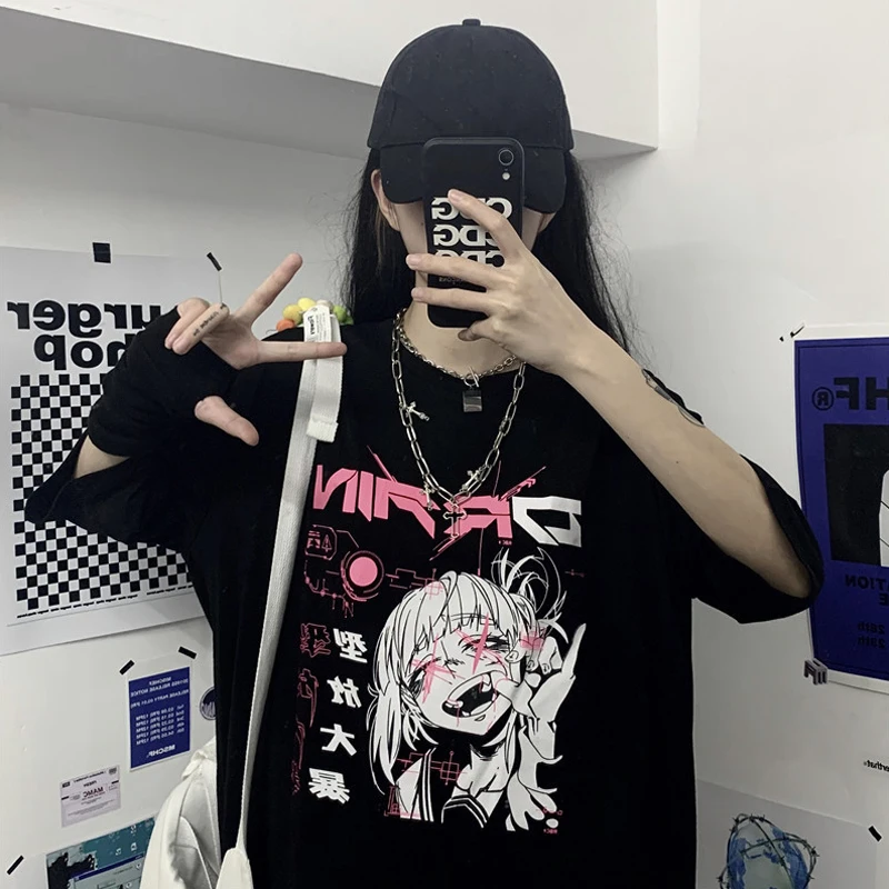 Kobiety Y2K Cartoon Top japońskie Anime Harajuku Kawaii koreański styl Punk lato z krótkim rękawem luźne ubrania Plus Size Dropshipping