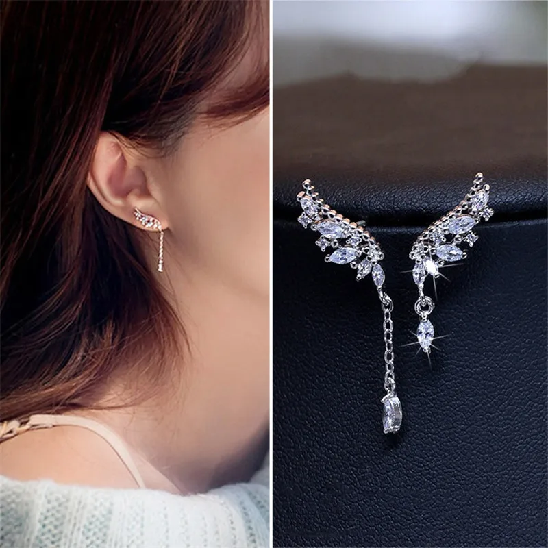 925 Sterling Silver Asymmetric Crystal Wings Drop Earrings For Women Fashion Jewelry Lady Statement Earrings Pendiente