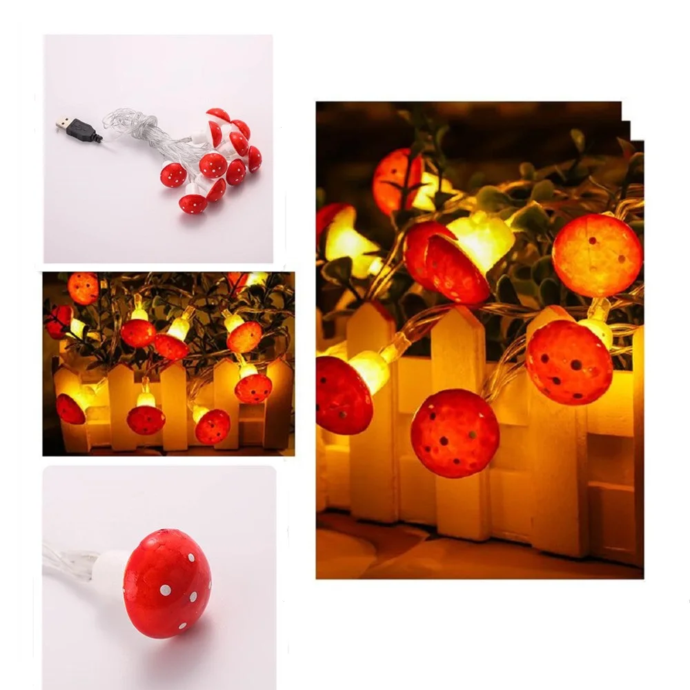 Garland String Lights USB Battery Powered Warm White Waterproof Mushroom Fairy Lights For Holiday Christmas Party Decoration