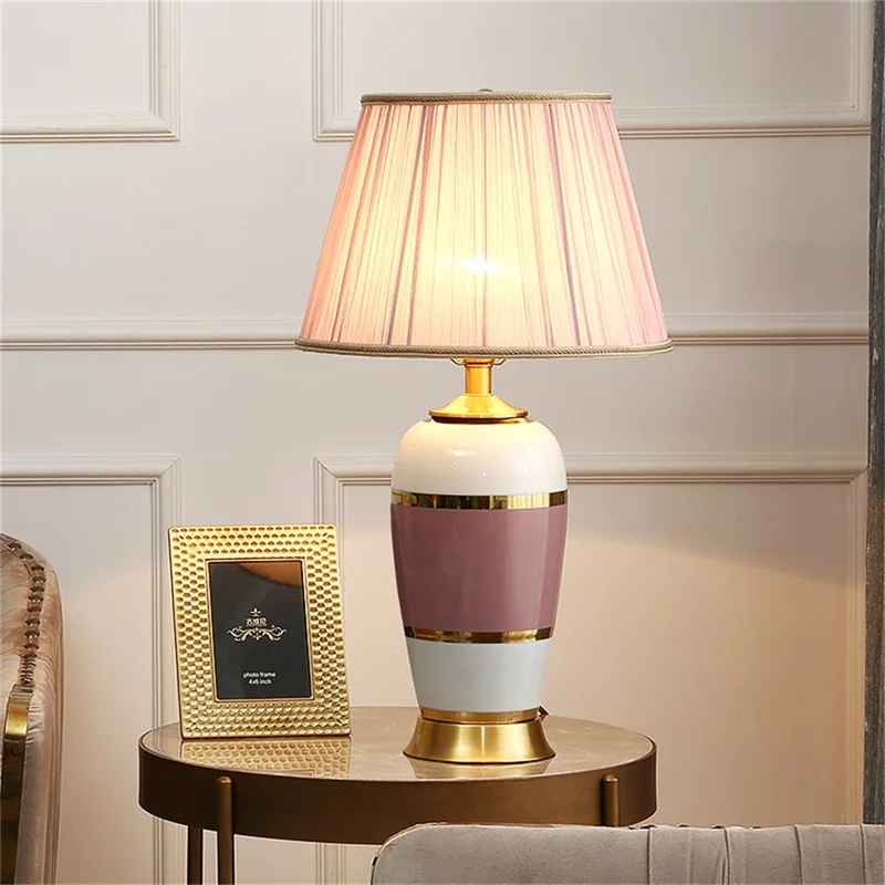 OURFENG Luxury Table Lamps For Bedroom Pink Ceramic Copper Desk Light Home LED Decorative For Living Room Office