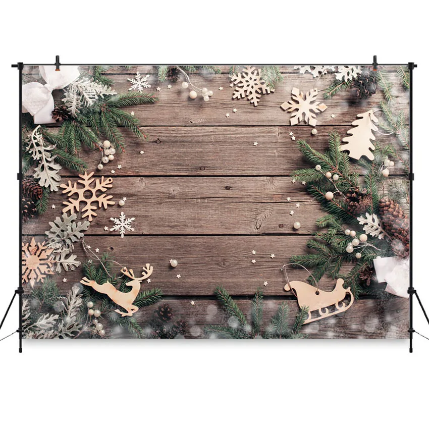 

Christmas Backdrops Wood Wall Snow Green Pine Branch Decoration Christmas Party Portrait Photo Studio Background for Photography