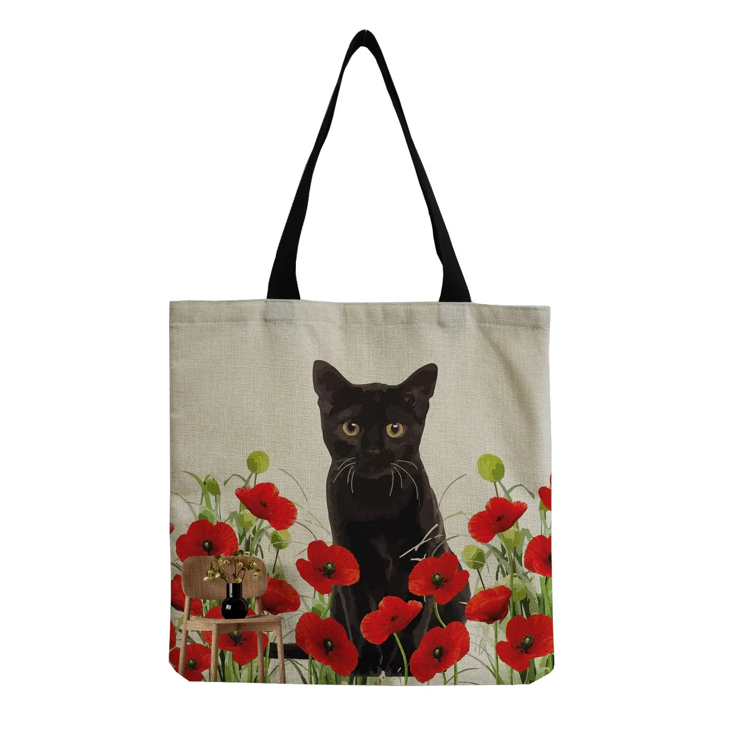 Cute Cat Printed Fashion Tote Shopping Bag For Female Girl Linen Fabric Reusable Outdoor Beach Shoulder Bag Casual Big Handbag