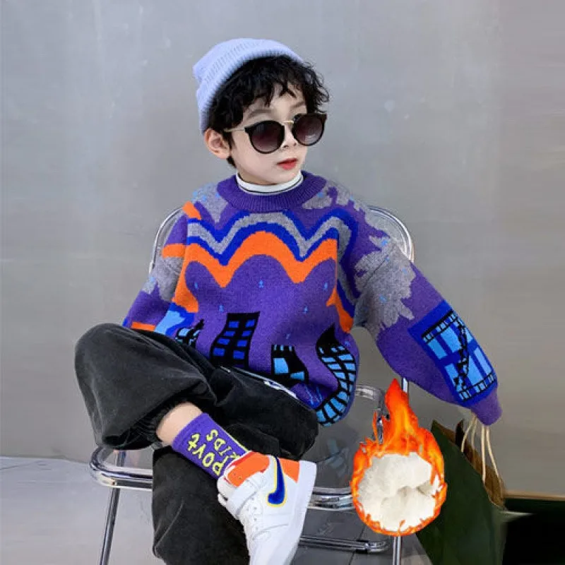 Boys Sweater Kids Outwear Tops Jackets 2023 Vintage Fleece Thicken Warm Winter Autumn Costume Teenage Children Clothing