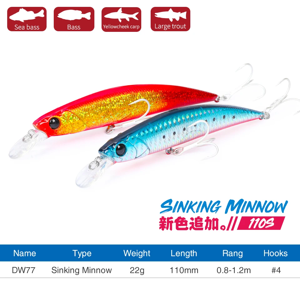 TSURINOYA 4 Stück NEUE FARBE Sinking Minnow 110S DW77 110mm 22g Weitwurf-Angelköder für große Forellen, Wolfsbarsch, Meeresfischen, Hartköder – Detail 2
