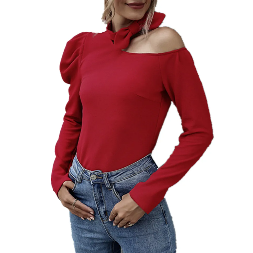 Pdfmily Ladies Casual Red Bow Tie Small Round Collar One Shoulder Top And Blouse Women Autumn Sexy Long Sleeve Elegant Blouses