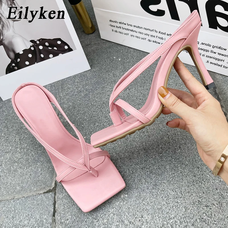 Eilyken 2024 New Slipper High Heels Shoes Fall Best Street Look Females Square Head Toe Clip-On Strappy Women Sandals Slides