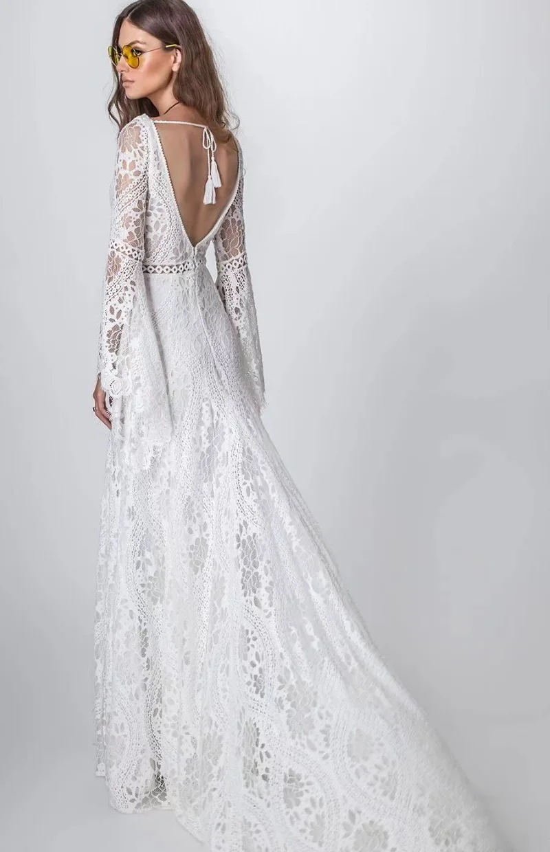 2021 nuovo stile Flare Sleeve Sexy Backless scollo a v Bohemian Beach pizzo abiti da sposa abiti da sposa abiti da sposa Sweep Train