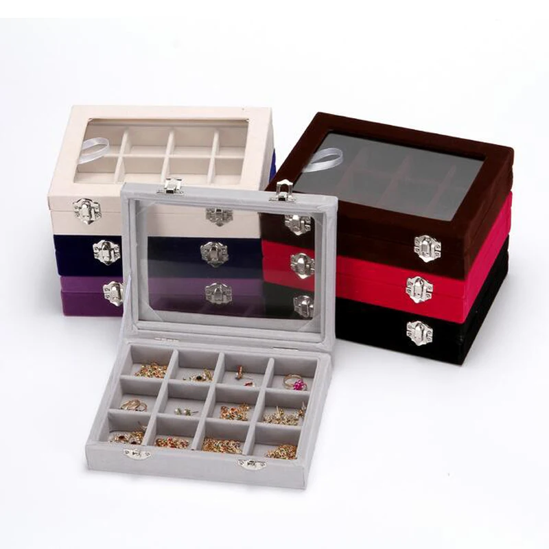 L20*W15*H4.8cm Jewelry Display 12 Compartments Gift Packaging Box Jewellery Organizer with Glass Lid Wrapped High Level Velvet