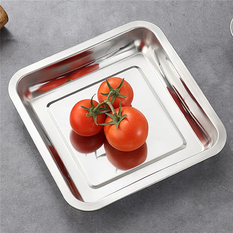 Stainless Steel Deep Food Storage Tray Square Fruit Pans Barbecue Cake Pastry Steamed Sausage Plate Rice Dishes Kitchen Utensils