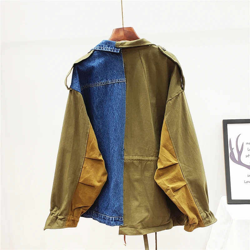 2024 Spring Autumn High Quality Lapel Long Sleeve Loose Vintage Denim Patchwork Hit Color Women Jacket Casual Jeans Jacket