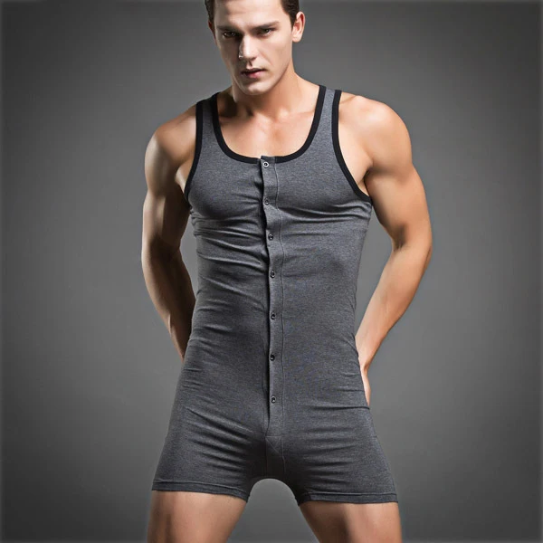 Men Summer New Jumpsuit Pajamas Cotton Sleepwear Casual Button Nightwear Onesize Sleeveless Bodysuit Solid Home Wear