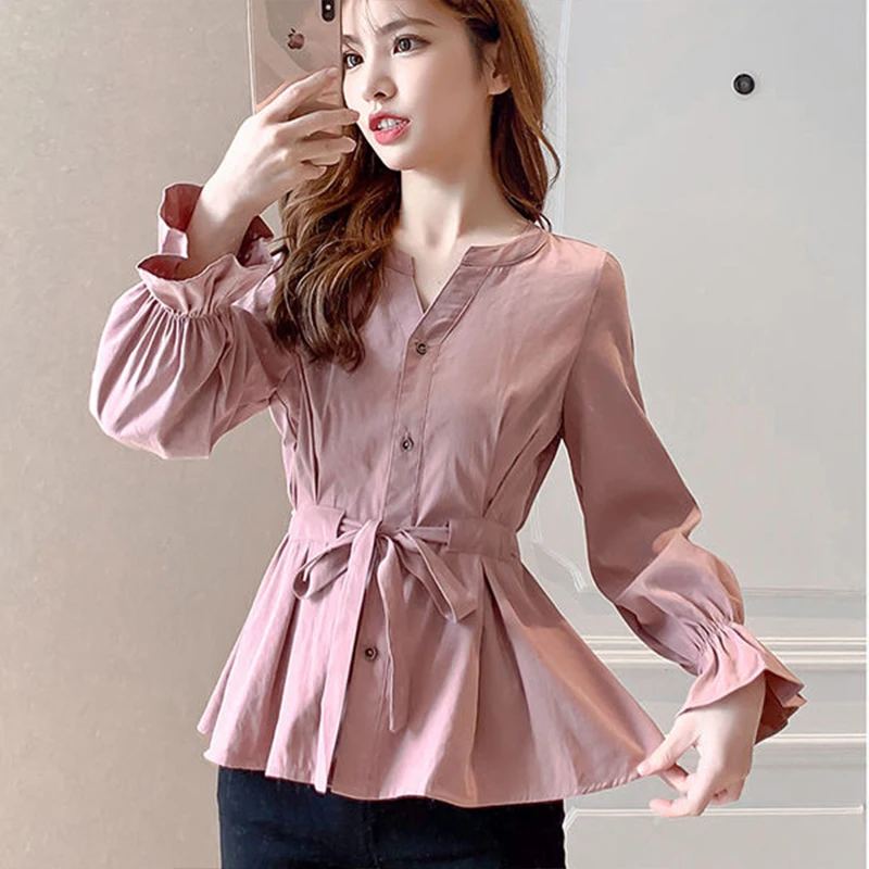 

New Women's Spring Autumn Style Blouses Shirts Women's Casual V-Neck Sashes Blouses Loose Solid Shirts Women's Tops DF3394