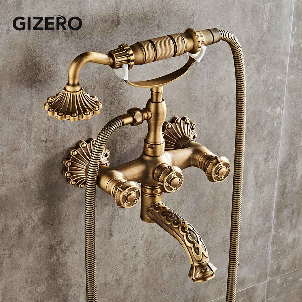 Bathroom Shower Mixer Solid Brass Antique Retro Style Bathtub Shower Set With Hand Shower Faucet Wall Mount Shower Faucet ZR023