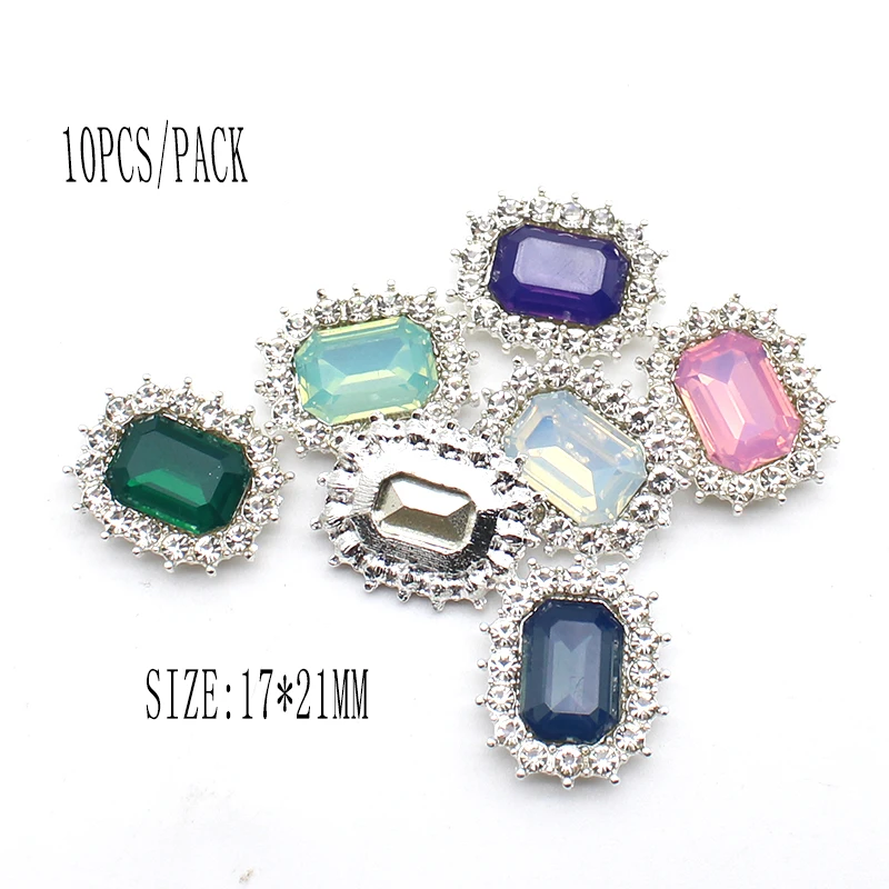 10Pcs/Lot 17*21MM Alloy Rectangle Hollow Rhinestone Button DIY Silver Plated Manual Decoration, Clothes, Jewelry Accessories