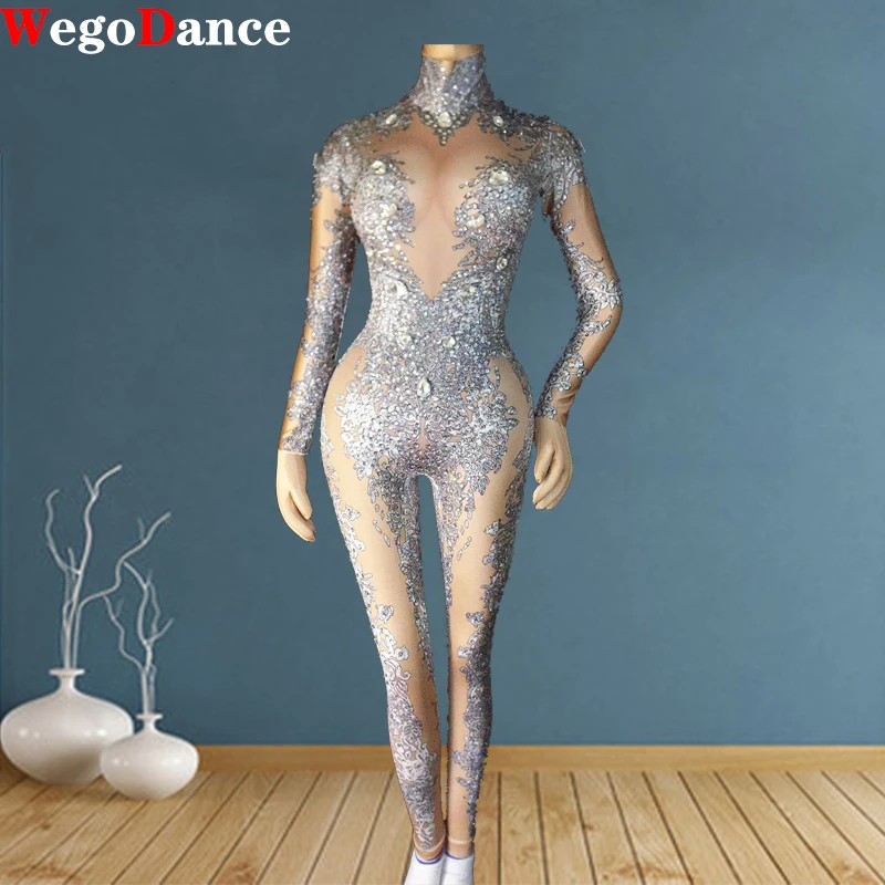 

Women's Sexy Rhinestones Bodysuit Stage Outfit Female Singer Gray Leggings Nightclub Nude Crystals Costume Dance Jumpsuit