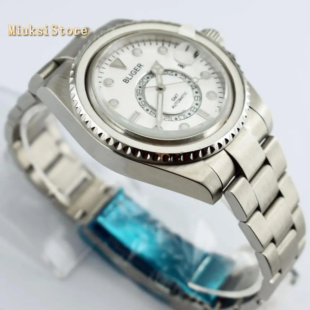 Bliger 43mm white dial luminous marks sapphire glass ceramic bezel date GMT automatic mens top mechanical watch