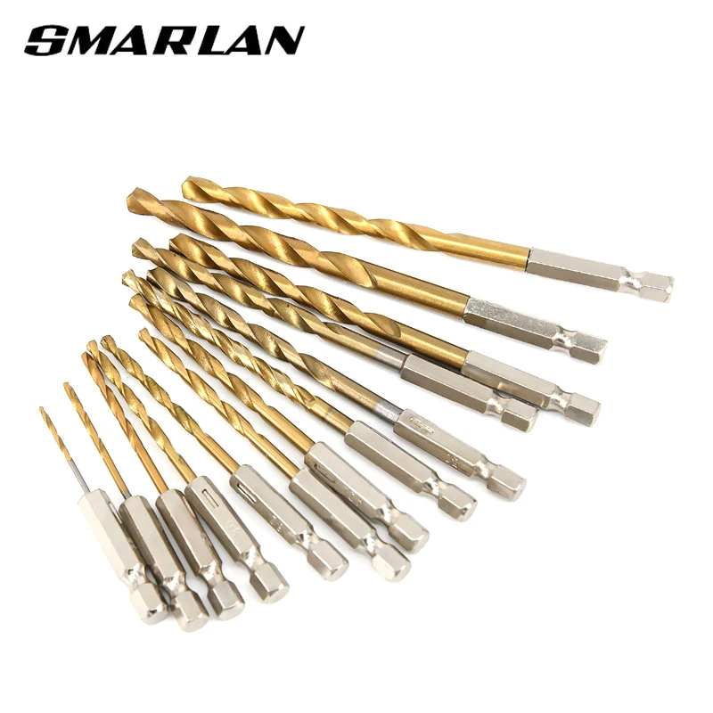 SMARLAN 13 Buah Set Mata Bor Lapis Titanium Baja Kecepatan Tinggi HSS 1/4 Mata Bor Hex 1.5-6.5Mm Set Alat Pertukangan