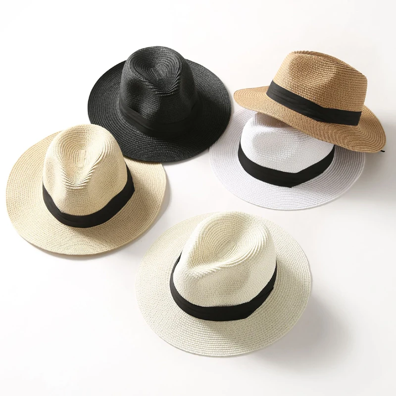 

New Summer Sun Hats Women Fashion Straw Hat Ribbon Beach Hat Casual Straw Fedoras Panama Hat Man Cap chapeau femme Foldable