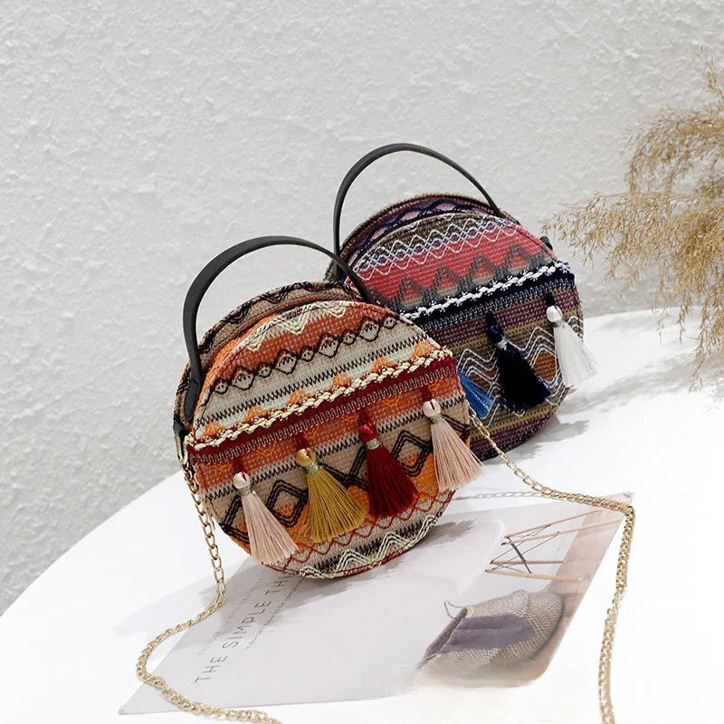 New Trendy Ethnic Style Woolen Cloth Portable Chain Mini Round Bag Fairy Tassel One-shoulder Messenger Bag