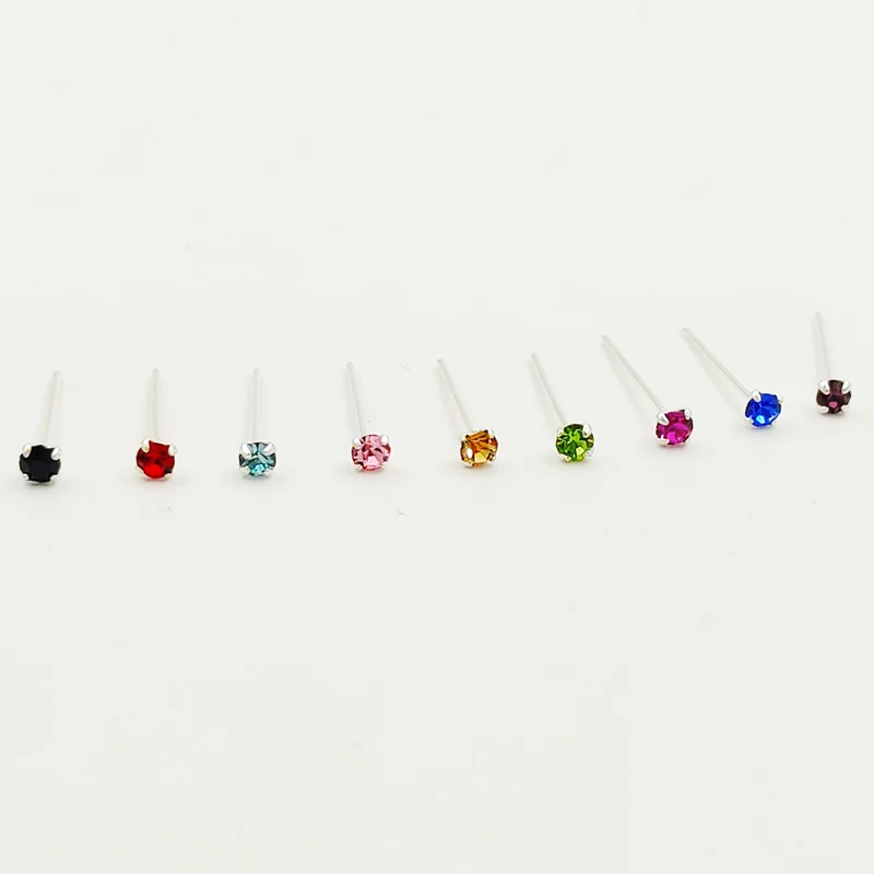 36pcs/pack 925 Sterling Silver Mix-color 2mm Crystal Nose Stud Piercing Nose Pin bone Jewelry