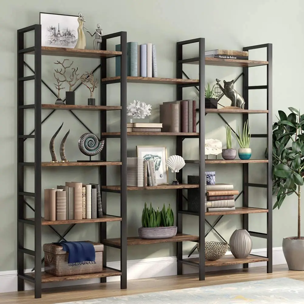 Triple Wide 5-Shelf Bookcase Etagere Large Open Bookshelf Vintage Industrial Style Shelf Wood&Metal Storage Rack Gray[US-W]