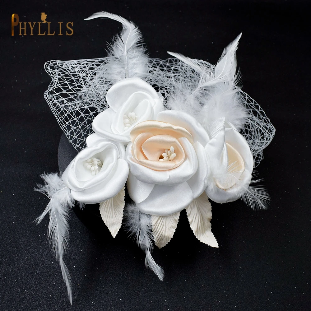 JM01 White Flower Feather Bridal Net Birdcage Veil Charming Wedding Veil Fascinators Hats Bride Wedding White Headpiece Headwear